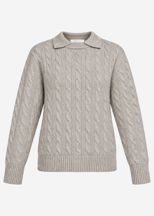 Knit jumper with cable knit and collar - taupe
