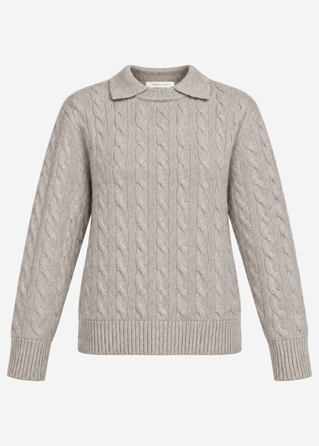 Knit jumper with cable knit and collar - taupe