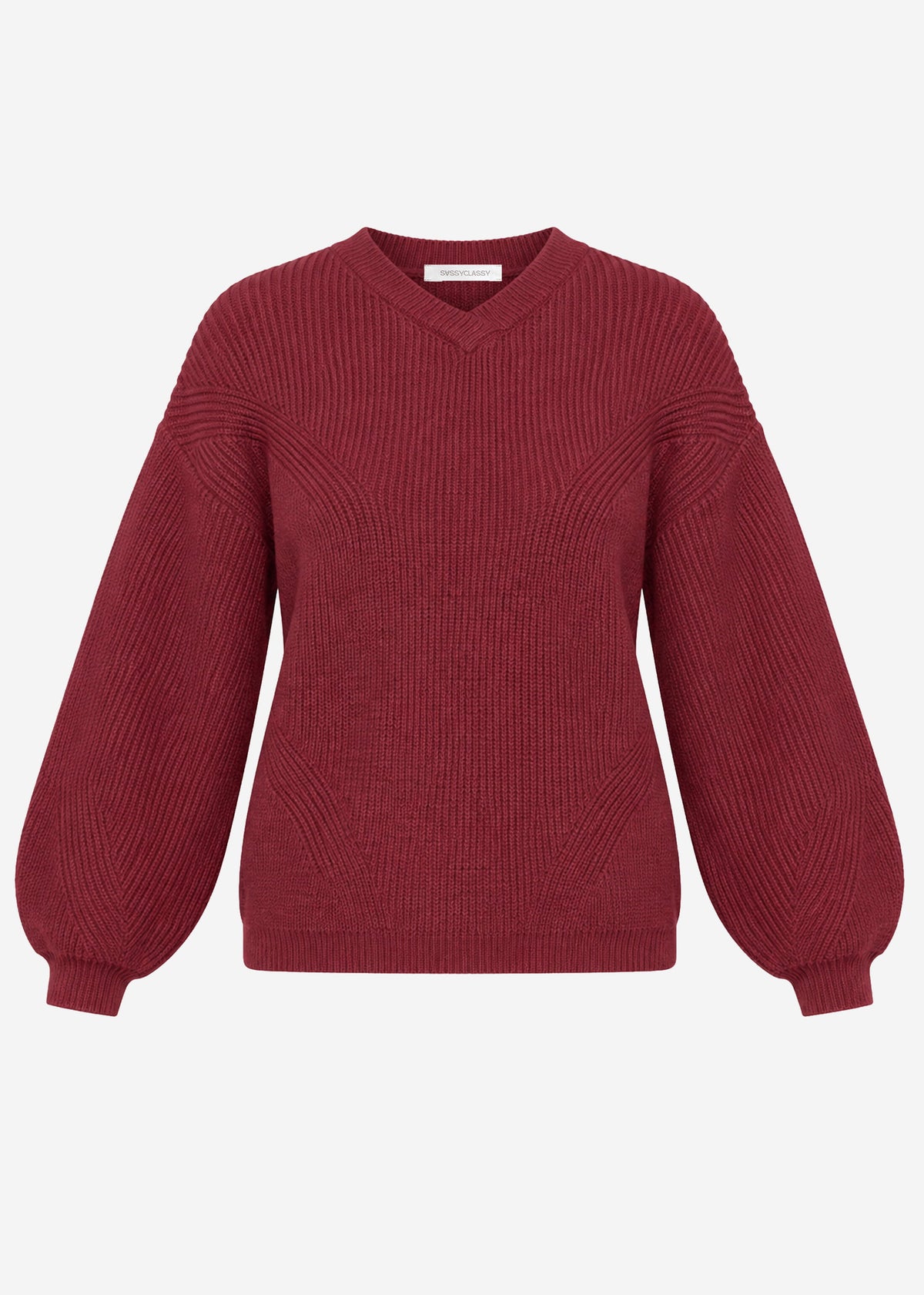 Ribbed knit jumper with a high V-neckline - berry