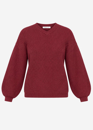 Ribbed knit jumper with a high V-neckline - berry