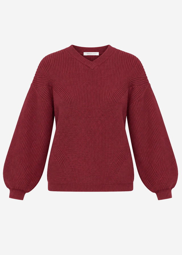 Ribbed knit jumper with a high V-neck - burgundy