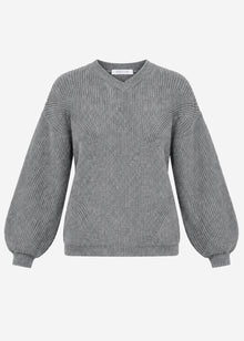 Rippstrickpullover mit hohem V-Ausschnitt - grau