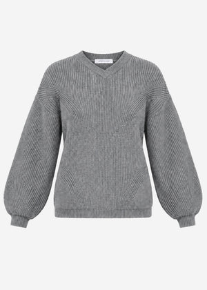Ribbed knit jumper with a high V-neck - grey