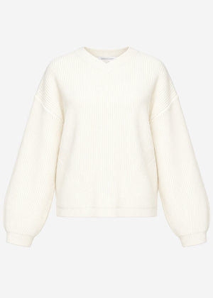 Ribbed knit jumper with a high V-neck - off-white