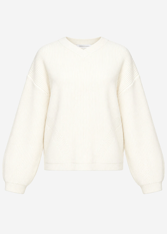 Rippstrickpullover mit hohem V-Ausschnitt - offwhite