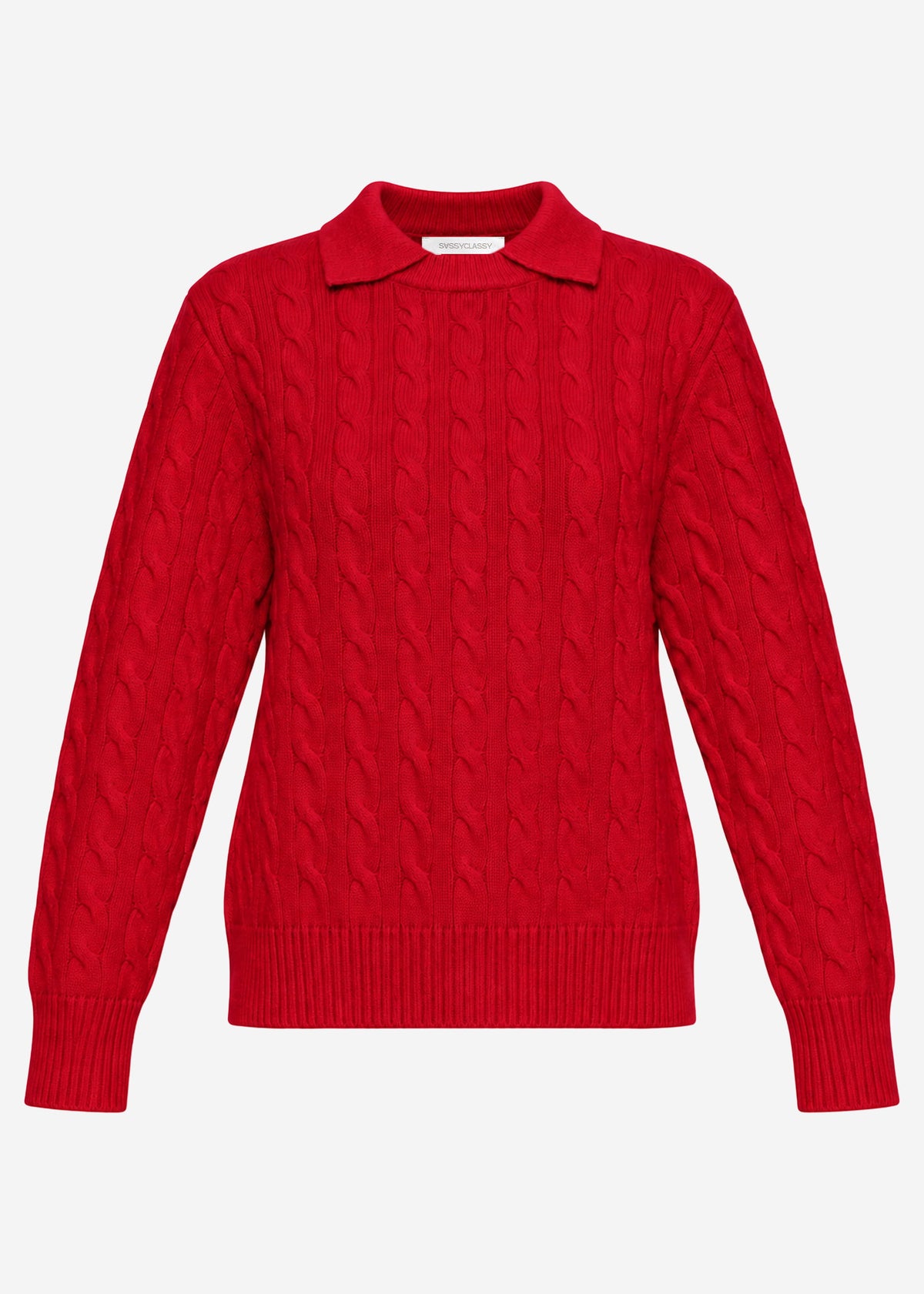 Knit jumper with cable knit and collar - red