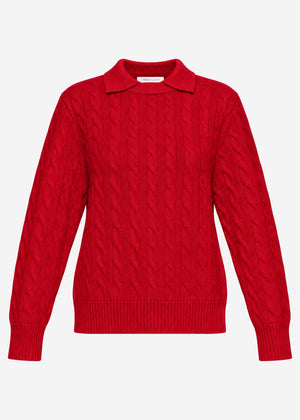 Knit jumper with cable knit and collar - red