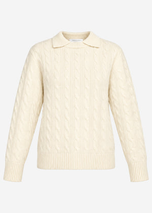 Knit jumper with cable knit and collar - off-white