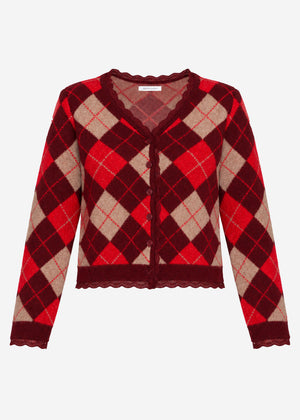 Strickjacke mit Rautenmuster und Spitzenborte - burgundy