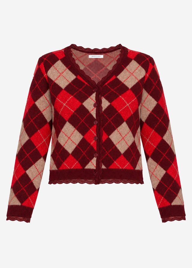 Strickjacke mit Rautenmuster und Spitzenborte - burgundy