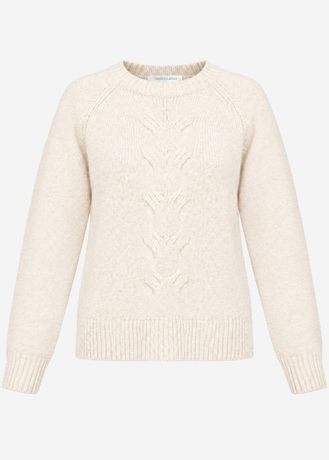 Flauschiger Strickpullover mit Zopfmuster - hellbeige