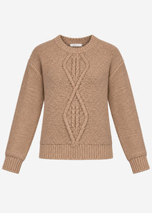 Flauschiger Strickpullover mit Zopfmuster - braun
