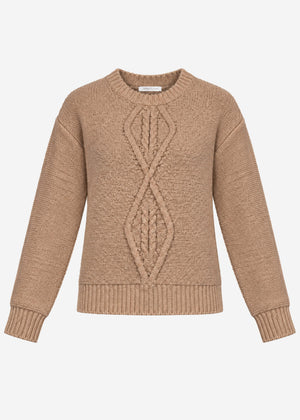 Flauschiger Strickpullover mit Zopfmuster - braun