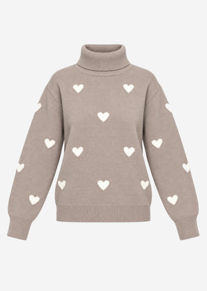 Roll neck jumper with heart pattern - taupe