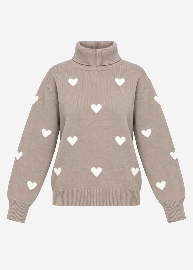 Roll neck jumper with heart pattern - taupe