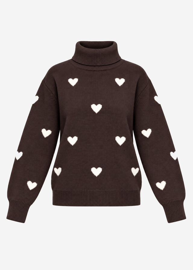 Rollkragenpullover mit Herzmuster - braun