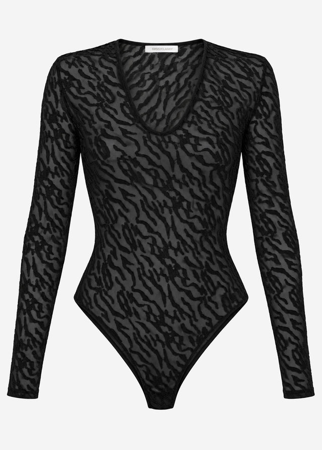Long-sleeved bodysuit with textured pattern - black