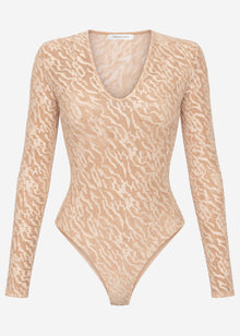 Long-sleeved bodysuit with textured pattern - beige