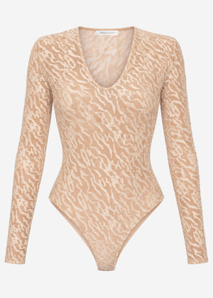 Long-sleeved bodysuit with textured pattern - beige
