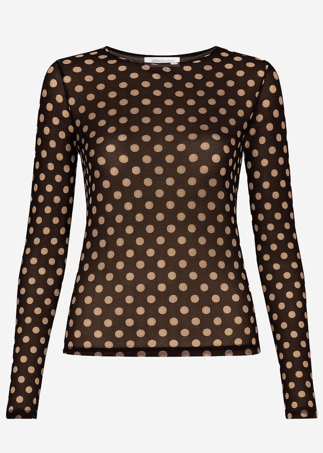Semi-sheer long-sleeved top with cashmere blend and polka dots - brown