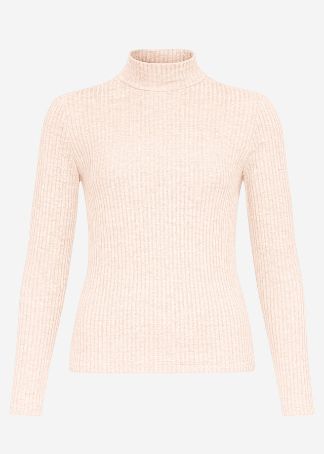 Geripptes Langarmshirt mit Stehkragen - beige