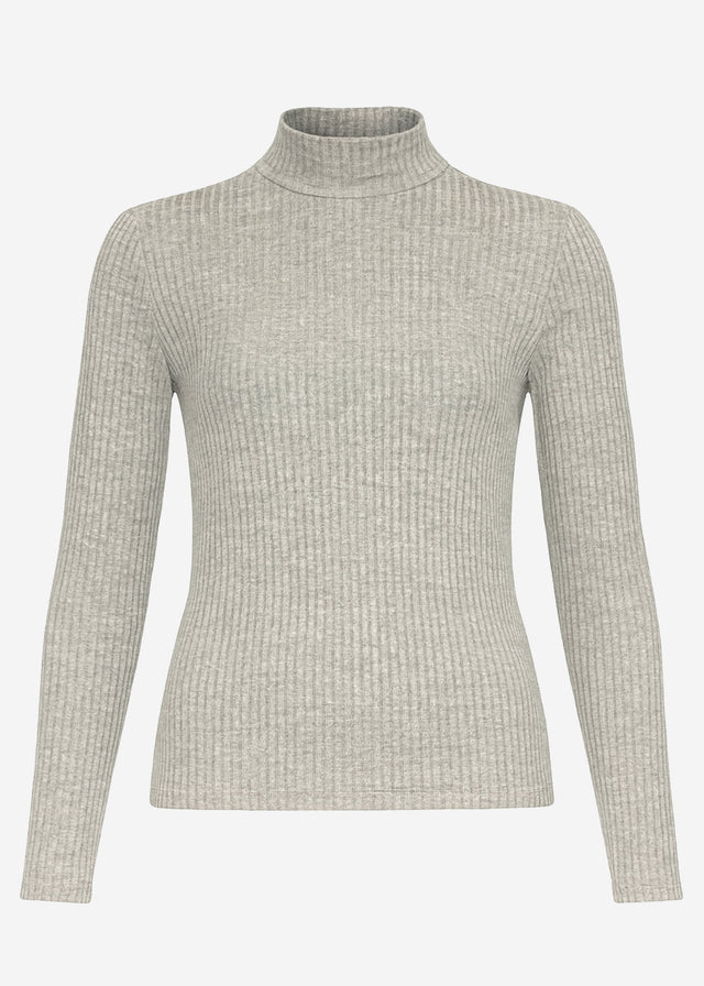 Geripptes Langarmshirt mit Stehkragen -  grau