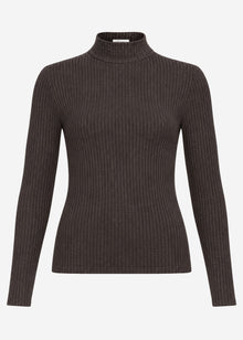 Geripptes Langarmshirt mit Stehkragen - braun