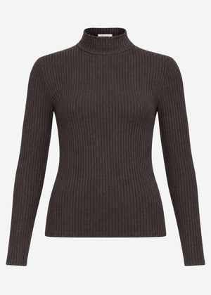 Ribbed long-sleeved top with funnel neck - brown