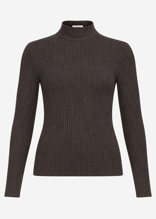 Geripptes Langarmshirt mit Stehkragen - braun