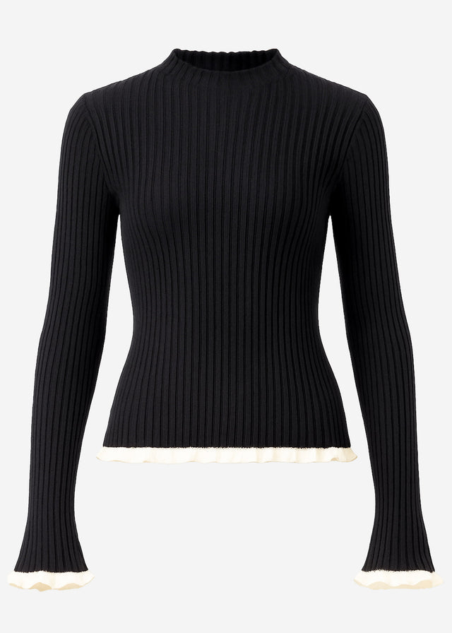 Ribbed knit top with contrast inserts - black