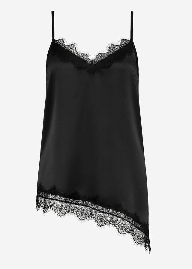 Satin-Top mit Spitze und asymmetrischem Saum - schwarz