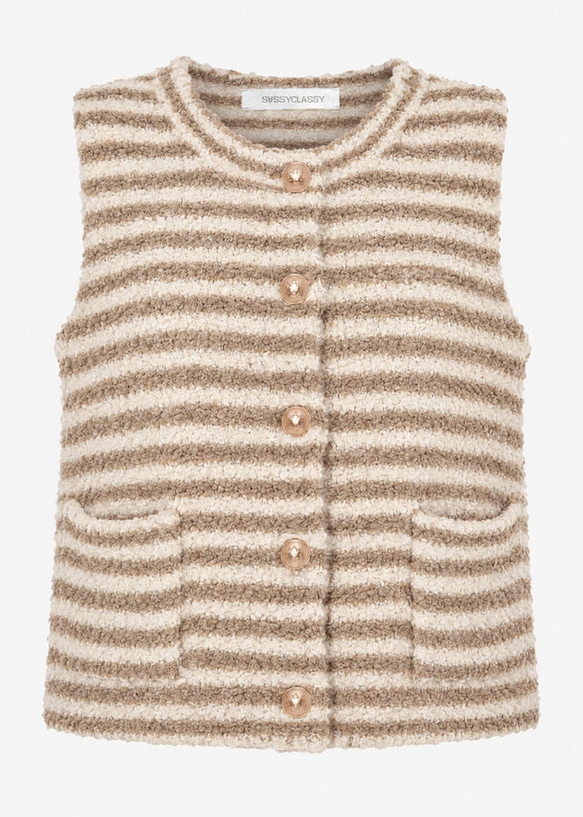 Gestreifte Bouclé-Weste mit Taschen - beige-offwhite