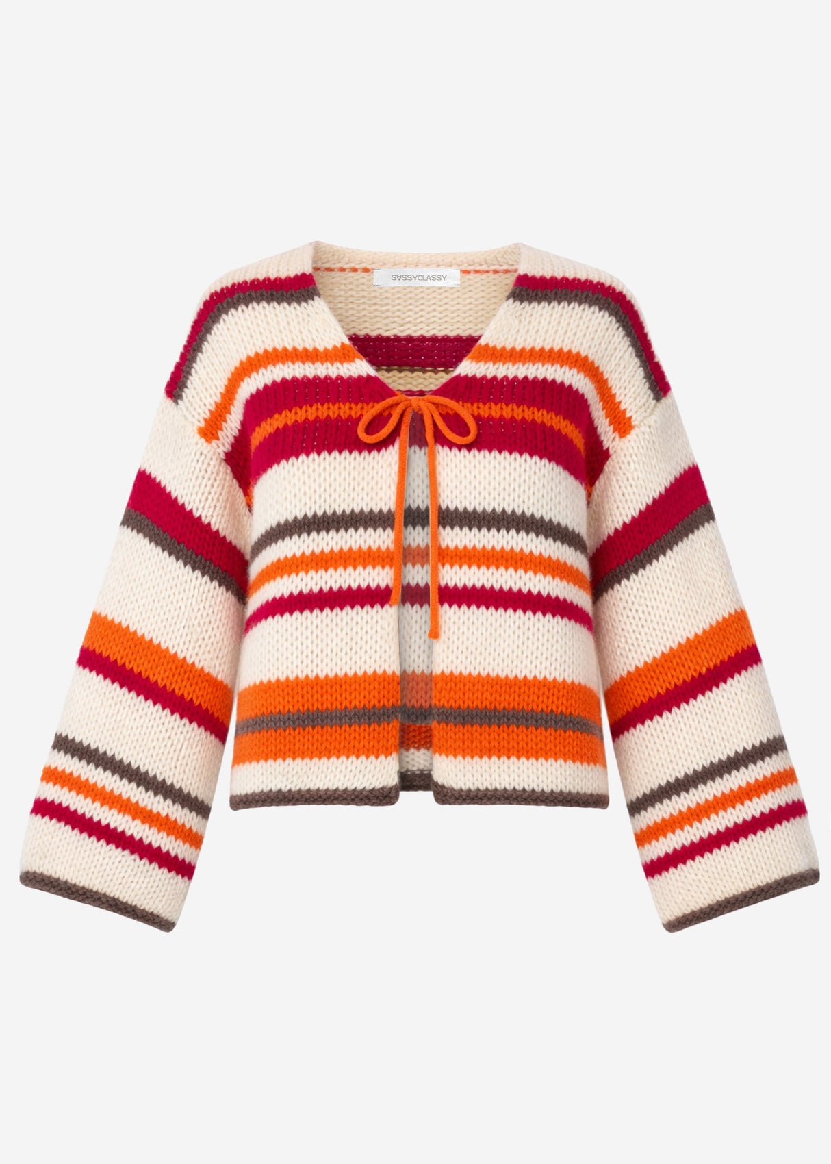 Colorful striped cardigan with bow closure - orange-pink
