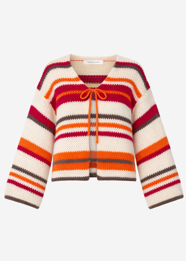 Multicoloured striped cardigan with tie fastening - orange-pink