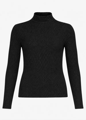 Ribbed long-sleeved top with funnel neck - black