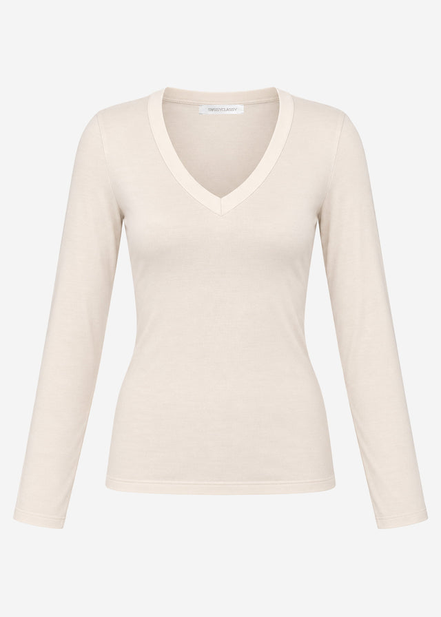 Langarmshirt mit V-Ausschnitt - hellbeige