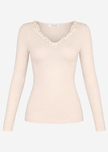 Langarmshirt mit Spitzenausschnitt - hellbeige