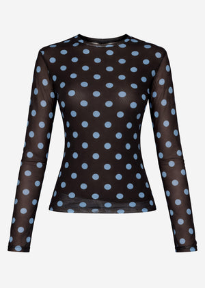 Mesh Langarmshirt mit großen Punkten - braun-blau