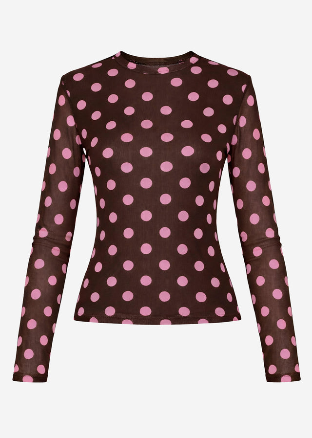 Mesh long-sleeved top with large polka dots - brown-rose