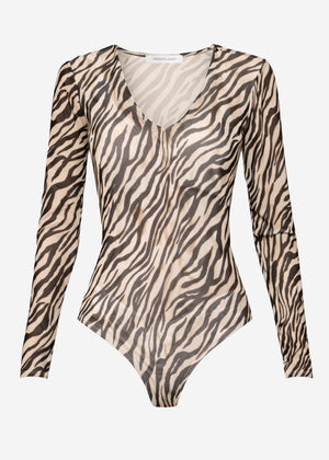Mesh Langarmbody mit Zebra-Print - offwhite-schwarz