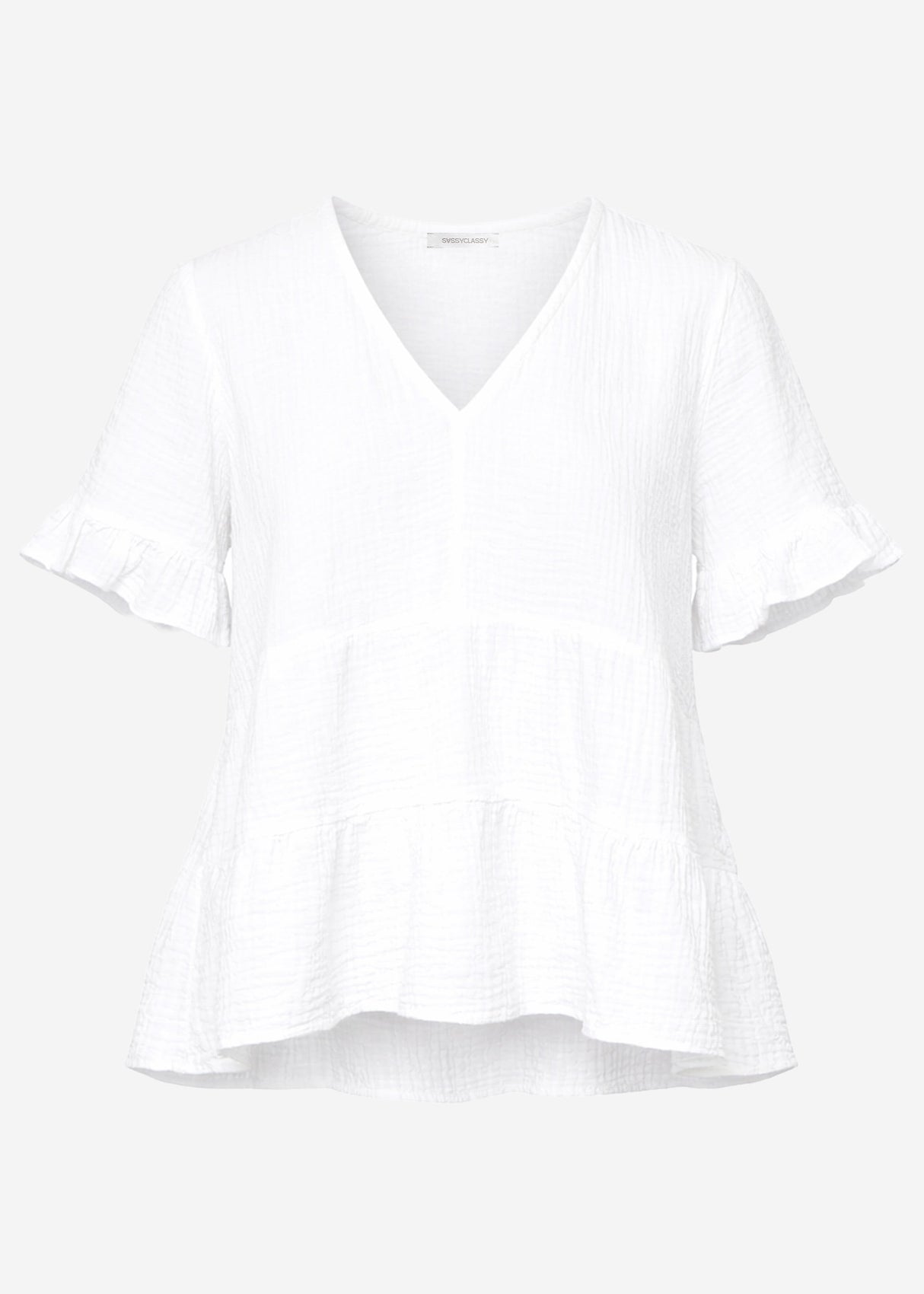 Musselin Shirt mit Volants und tiefem V-Ausschnitt - weiß