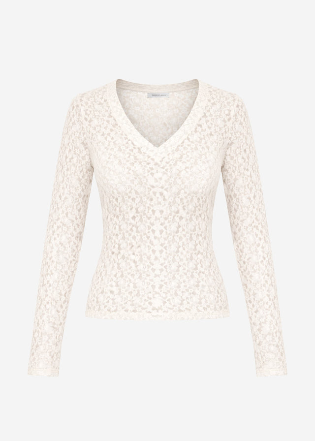 Long-sleeved lace top with V-neck - off-white