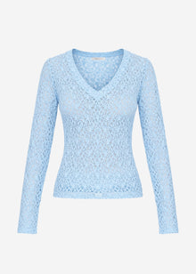 Long-sleeved lace top with V-neck - light blue