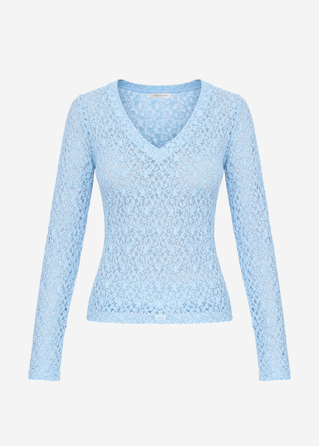 Long-sleeved lace top with V-neck - light blue
