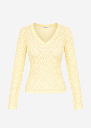 Langarm Spitzenshirt mit V-Ausschnitt - buttergelb