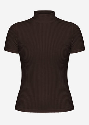 T-Shirt in Rippstruktur mit Stehkragen - braun