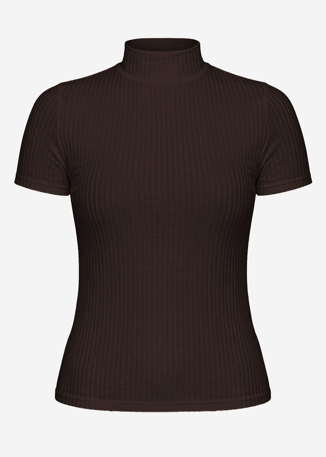 T-Shirt in Rippstruktur mit Stehkragen - braun