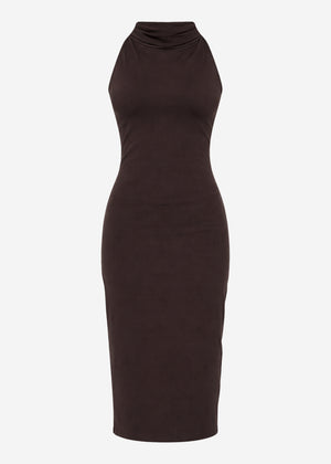 Midikleid mit Stehkragen und Rückenschlitz - braun