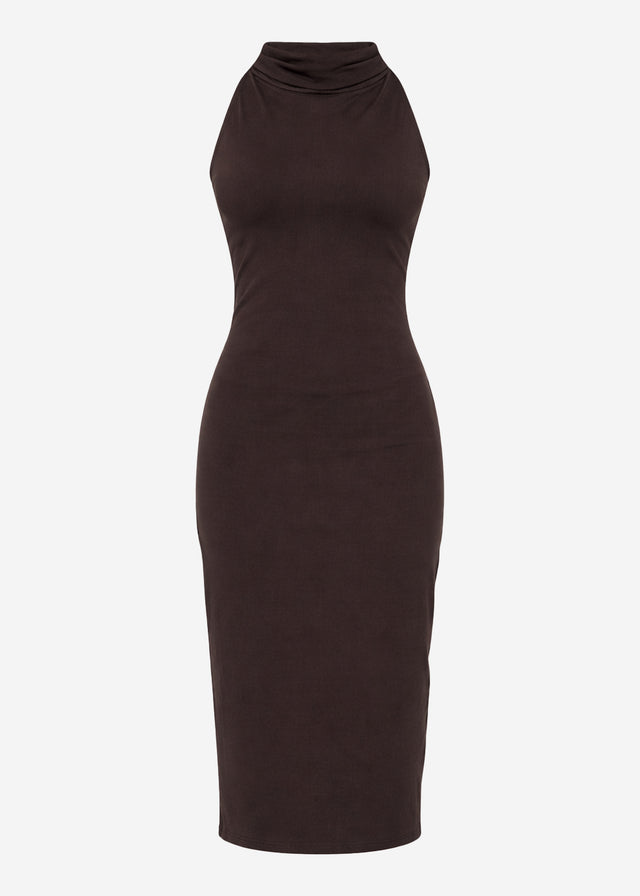 Midikleid mit Stehkragen und Rückenschlitz - braun