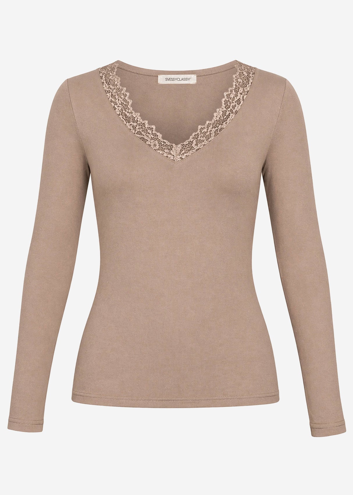 Langarmshirt mit Spitzenausschnitt - taupe